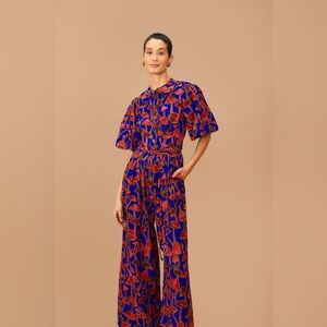 Farm Rio Bright Blue Mushroom Sketch Puff Jumpsuit NWT